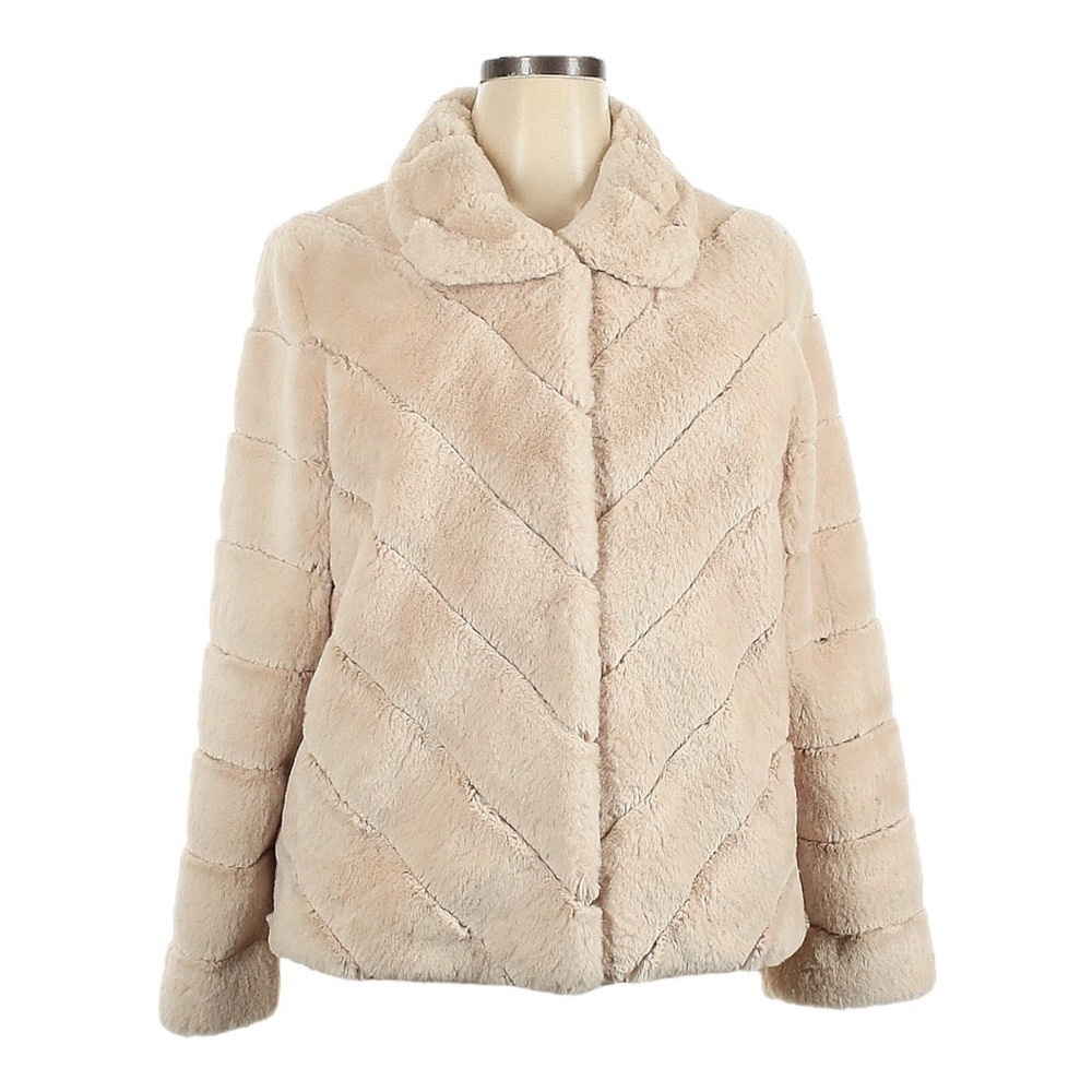Rachel Parcell Cream Faux Fur Quilted Puffer Jacket XL Soft Lined Chevron Coat